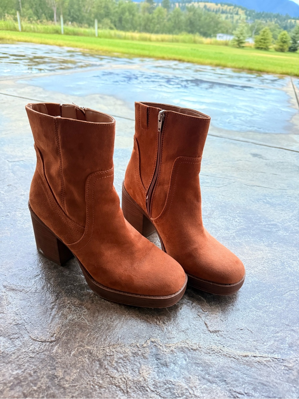 Women's Suede Ankle Boots in Burnt Orange - Chunky Heel